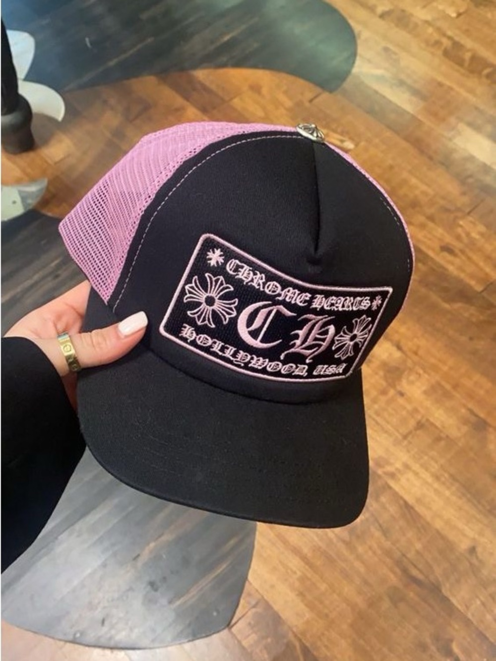 Chrome Hearts Black and Pink Patch Trucker Hat